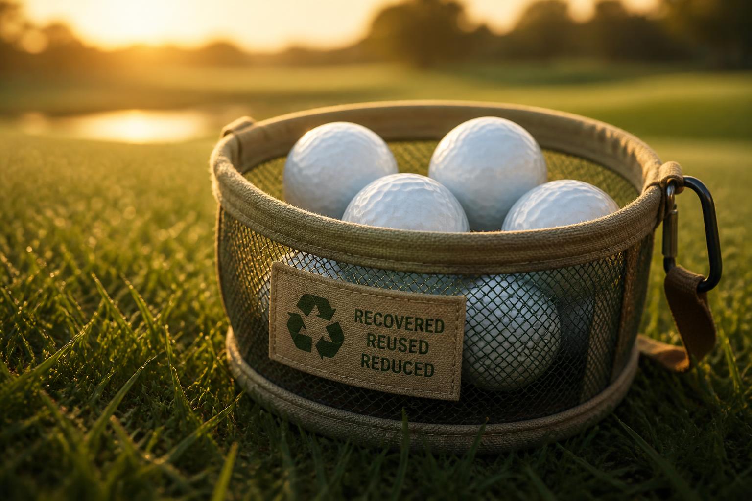 A reusable mesh container of six cleaned, recovered golf balls ready for another round